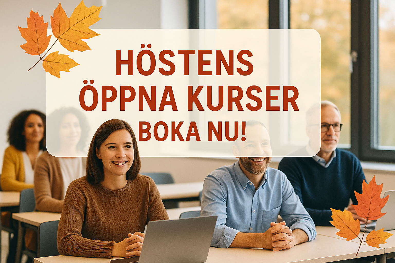 Fyra vuxna personer sitter i ett klassrum under en utbildning. De ler och har laptops framför sig. Texten “Höstens öppna kurser – boka nu!” visas i stora röda bokstäver med höstlöv runt omkring. Fönster i bakgrunden visar träd i höstfärger.